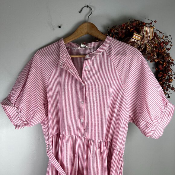Umgee Womens Tiered Maxi Flare Dress with Sash Tie Size LARGE White Pink Striped - Picture 3 of 9